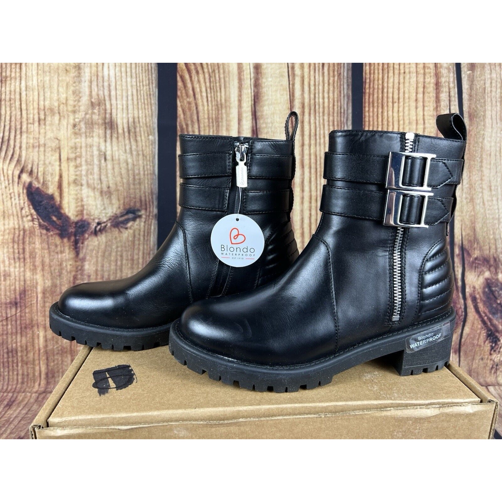 Blondo Mable Boots Women's 6m Black Leather Waterproof Block Heel Lug Moto Biker